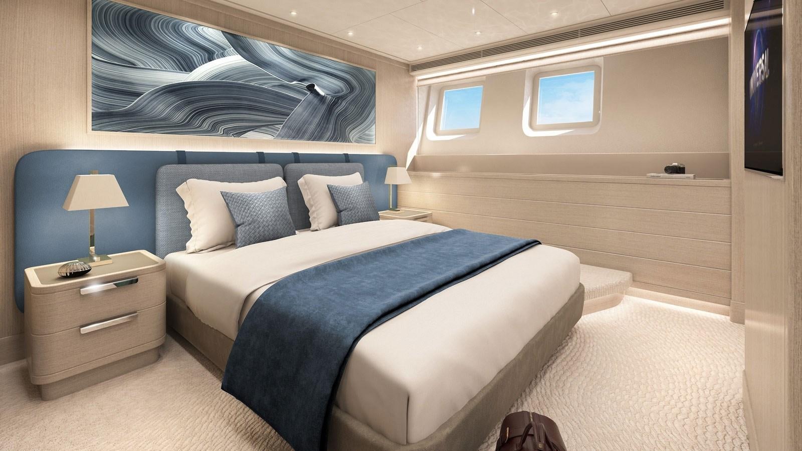 a bedroom with a bed and a desk aboard SANTOSHA Yacht for Sale