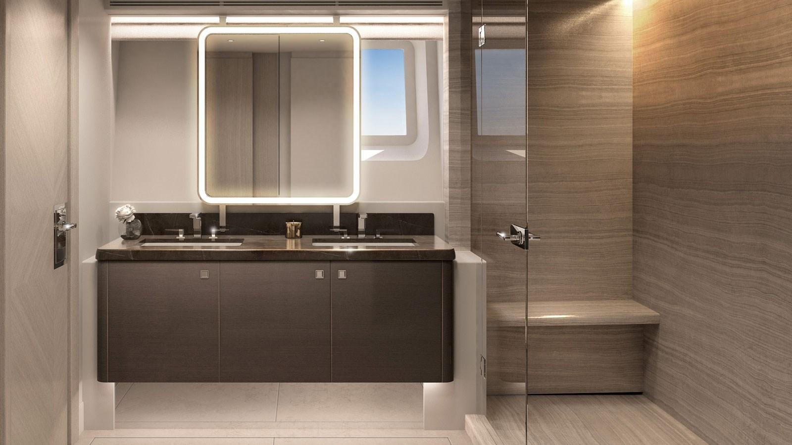 a bathroom with a sink and a mirror aboard SANTOSHA Yacht for Sale