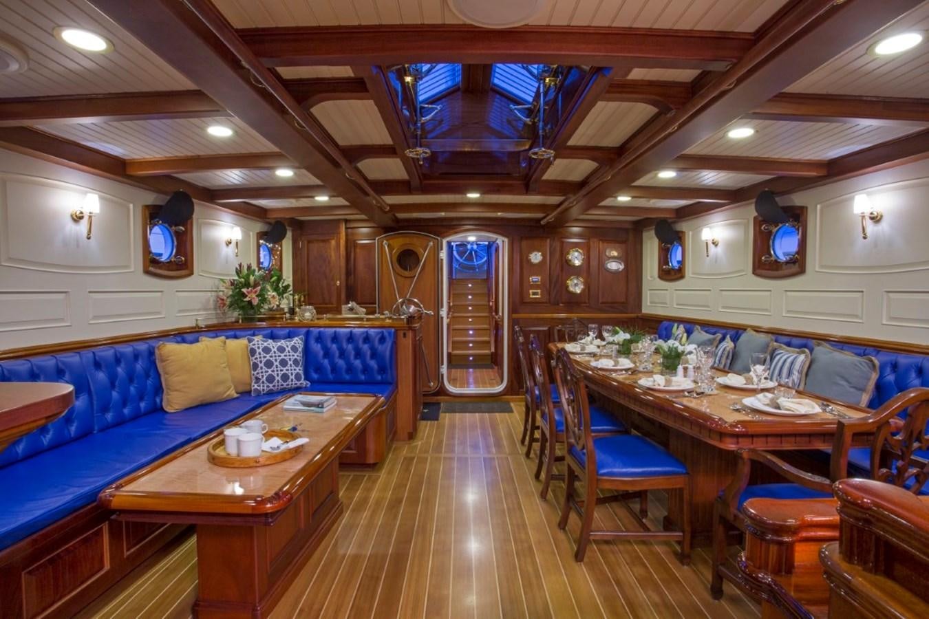 a restaurant with tables and chairs aboard COLUMBIA Yacht for Charter
