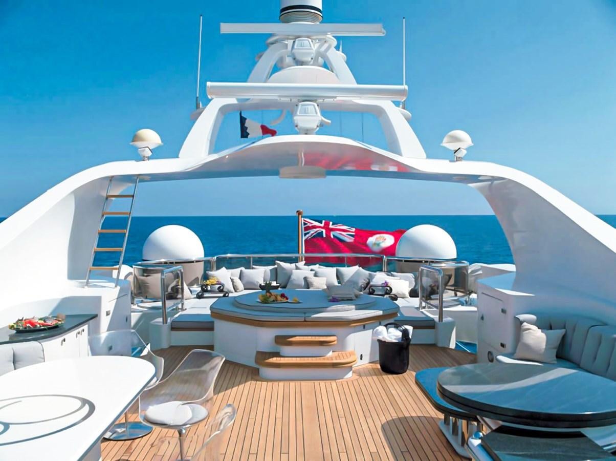 a large white boat with a red and blue stripe aboard IL SOLE Yacht for Sale