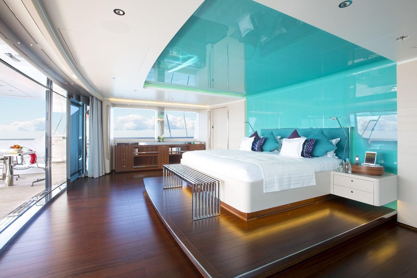 a bedroom with a large bed aboard AQUIJO Yacht for Sale