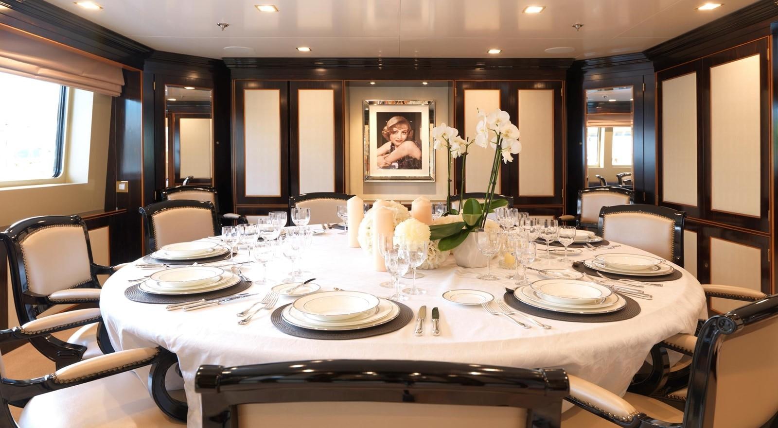 a table with plates and a picture on it aboard THE WELLESLEY Yacht for Sale