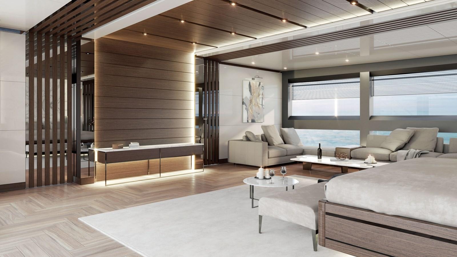 a room with a bed and a couch aboard PROJECT ATALAY Yacht for Sale