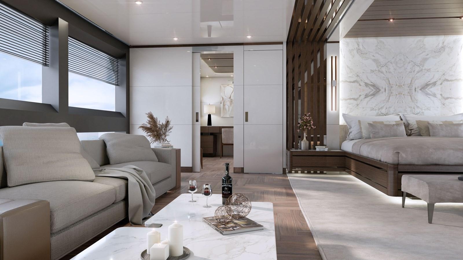 a living room with a white couch and a table aboard PROJECT ATALAY Yacht for Sale