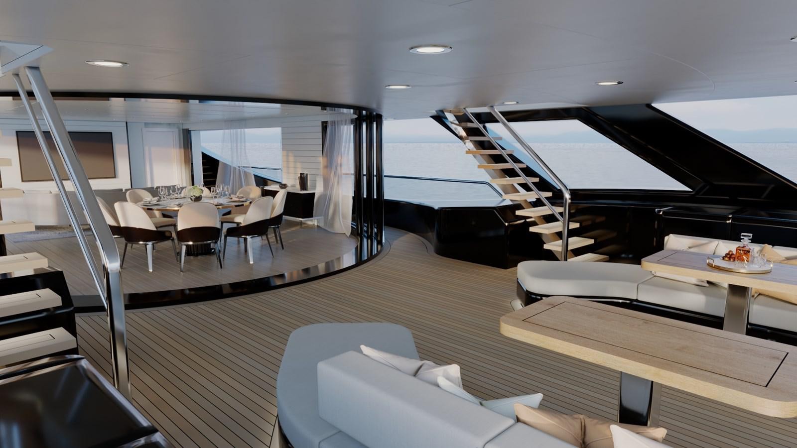 a room with tables and chairs aboard PROJECT ATALAY Yacht for Sale