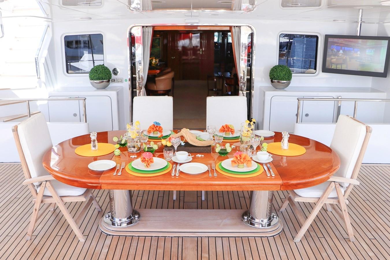 a table with plates and cups on it aboard TE MANU Yacht for Charter