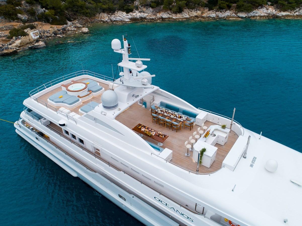a large white boat on the water aboard OCEANOS Yacht for Sale