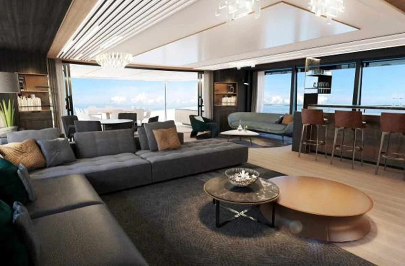 a living room with a large sofa and a coffee table aboard 50 METER OCEAN Yacht for Sale