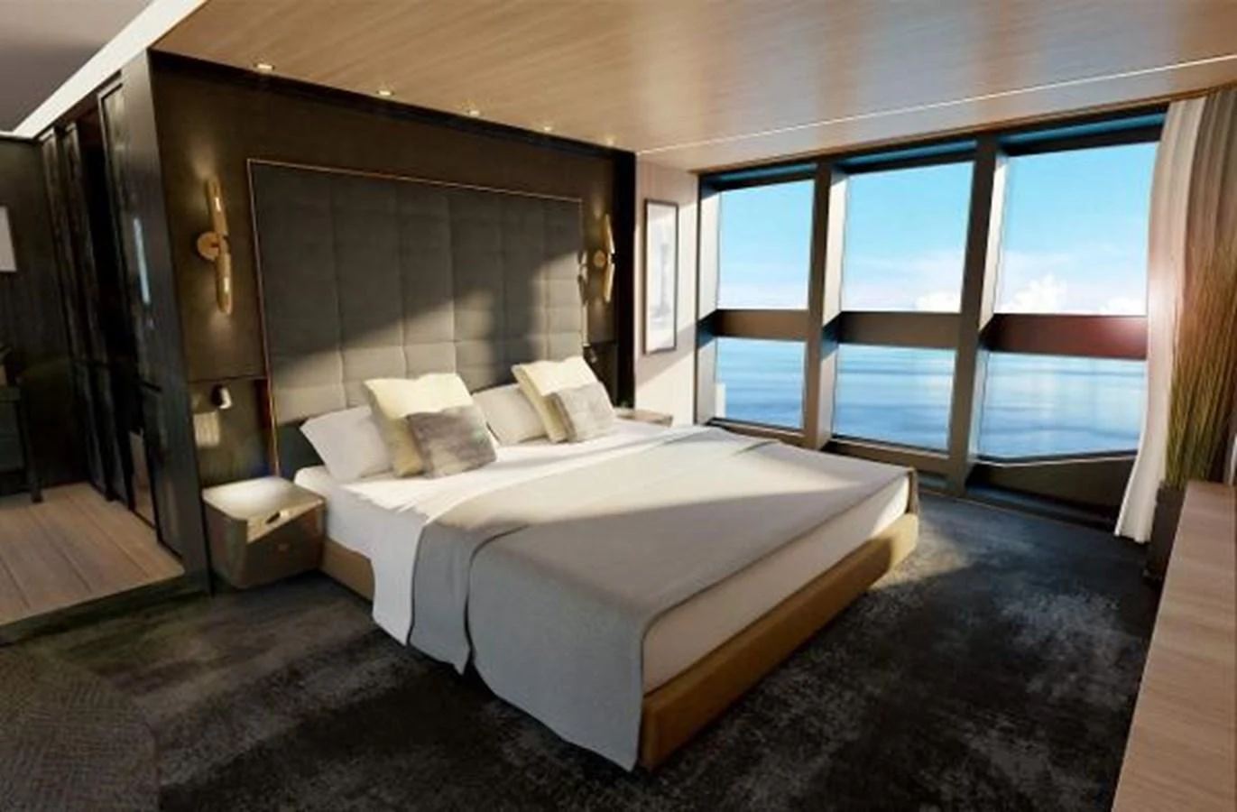 a large bed in a room aboard 50 METER OCEAN Yacht for Sale