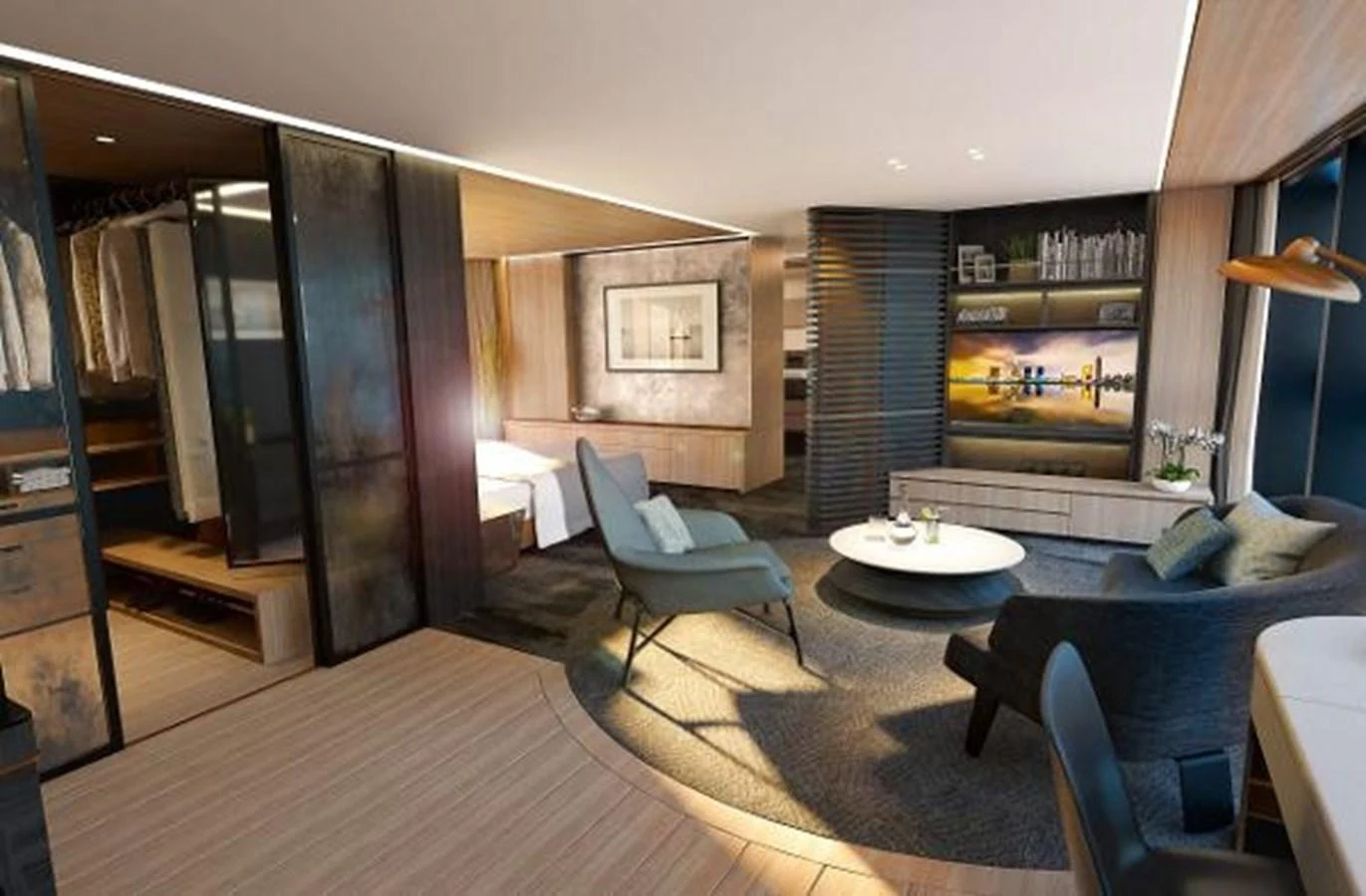 a living room with a large mirror aboard 50 METER OCEAN Yacht for Sale