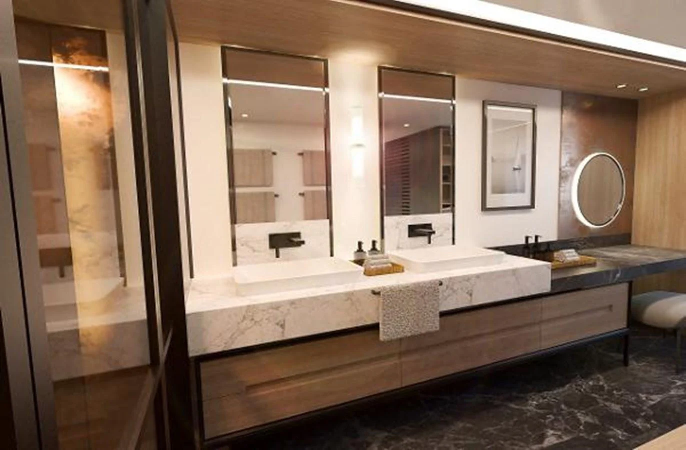 a bathroom with a large mirror aboard 50 METER OCEAN Yacht for Sale