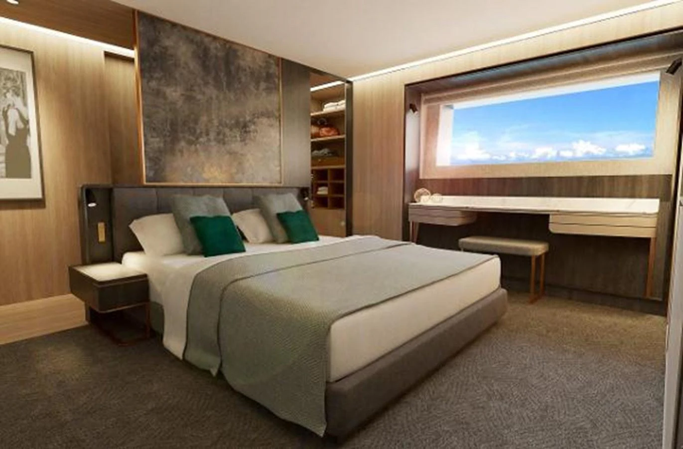 a room with a bed and a large window aboard 50 METER OCEAN Yacht for Sale