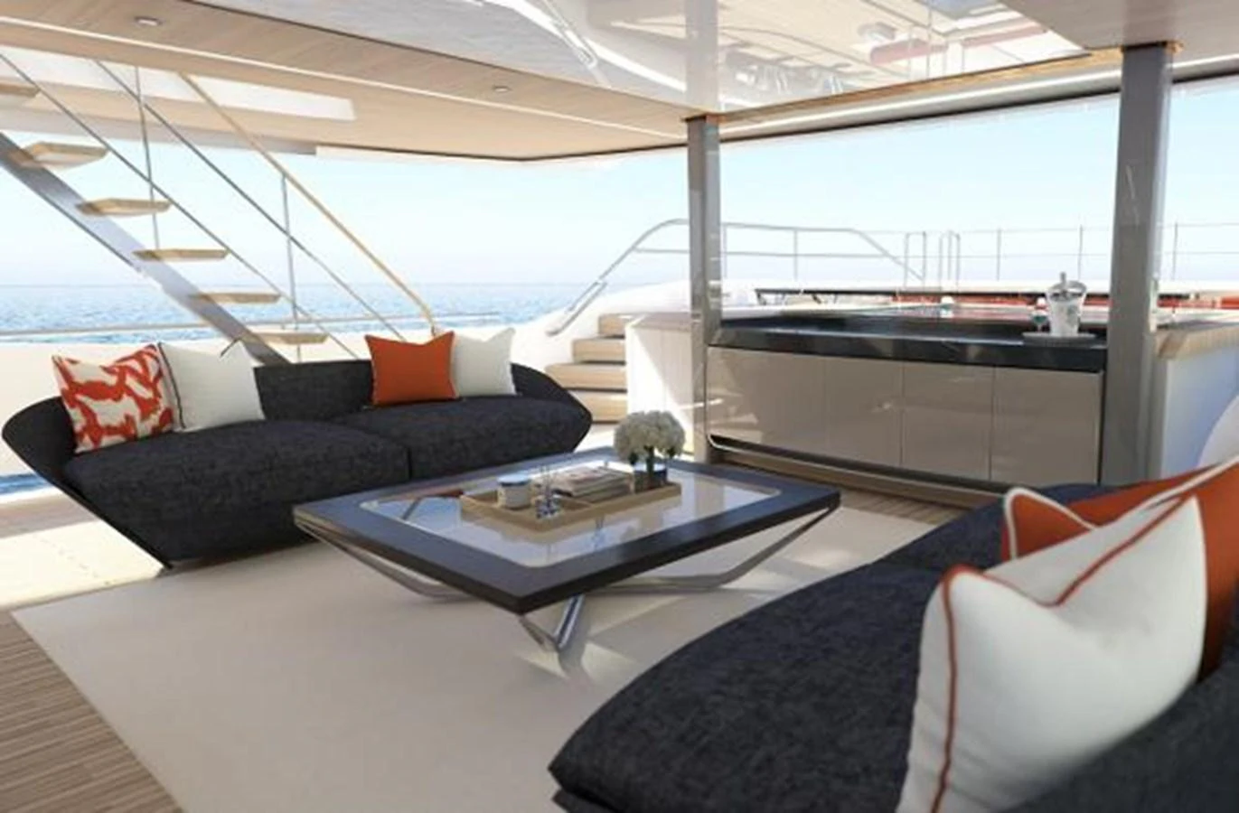 a living room with a large window aboard 50 METER OCEAN Yacht for Sale