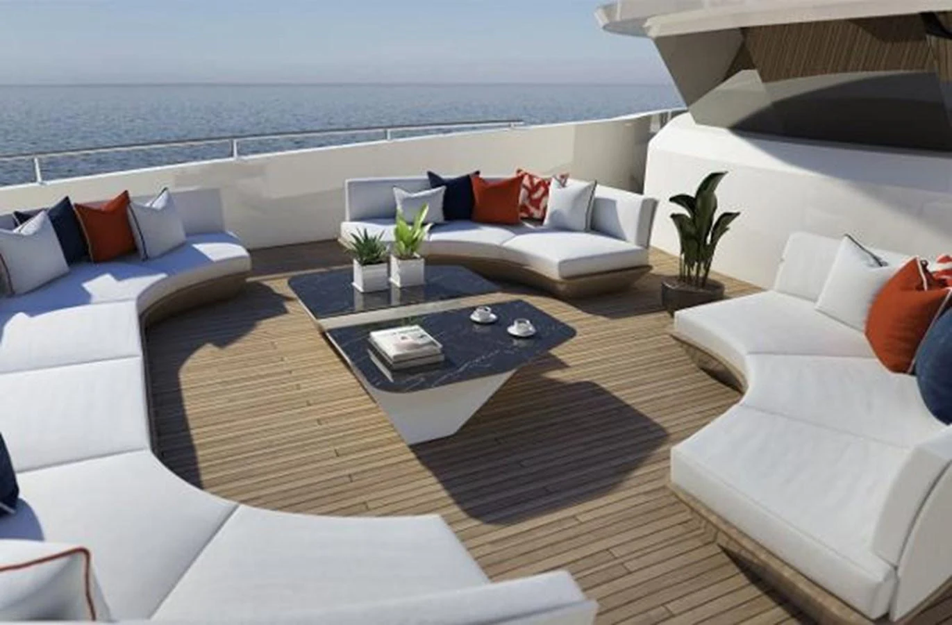 a living room with white couches and a coffee table aboard 50 METER OCEAN Yacht for Sale