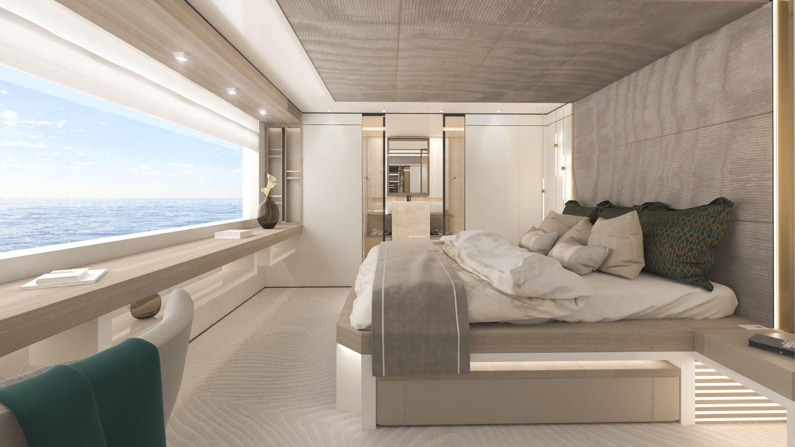 a room with a bed and a window aboard FL47 Yacht for Sale