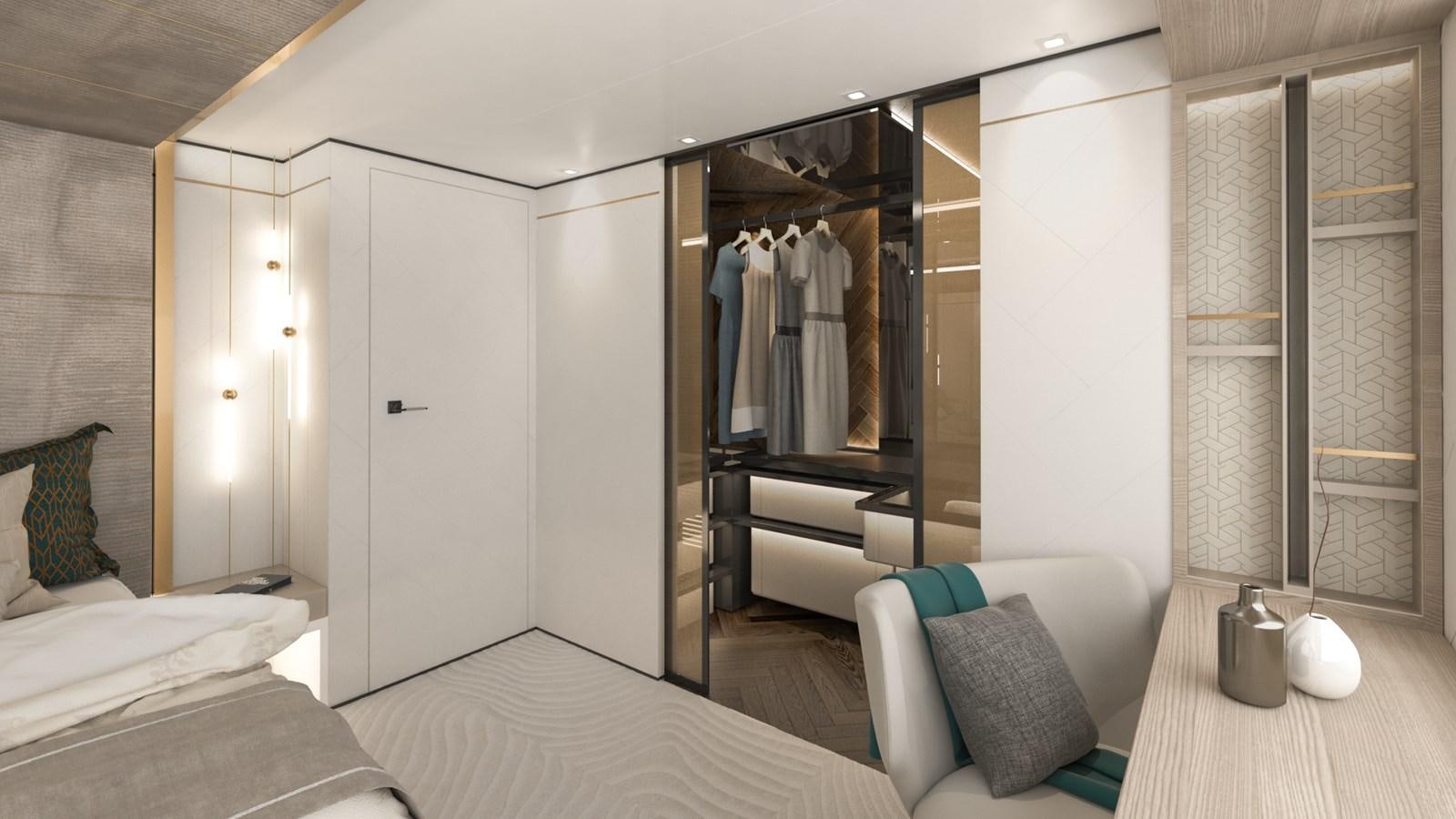 a room with a bed and a mirror aboard FL47 Yacht for Sale