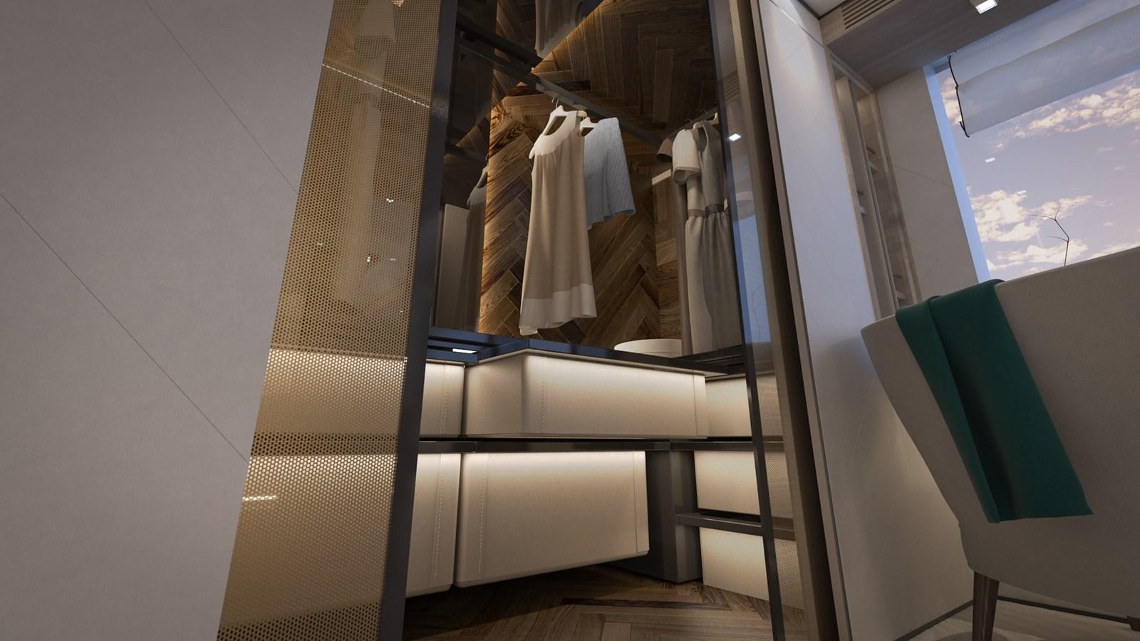 a closet with clothes on it aboard FL47 Yacht for Sale