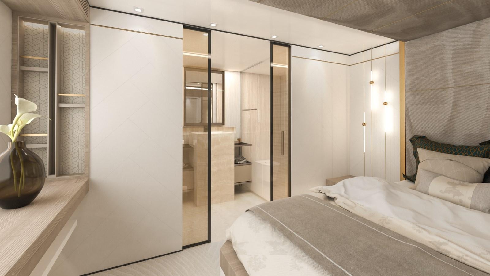 a room with a bed and a mirror aboard FL47 Yacht for Sale