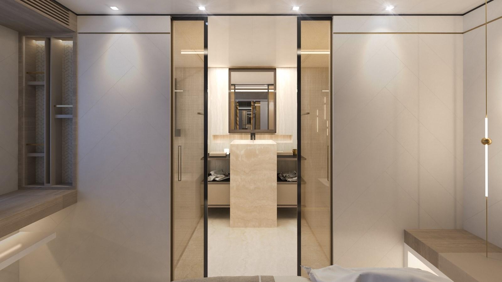 a room with a large mirror aboard FL47 Yacht for Sale
