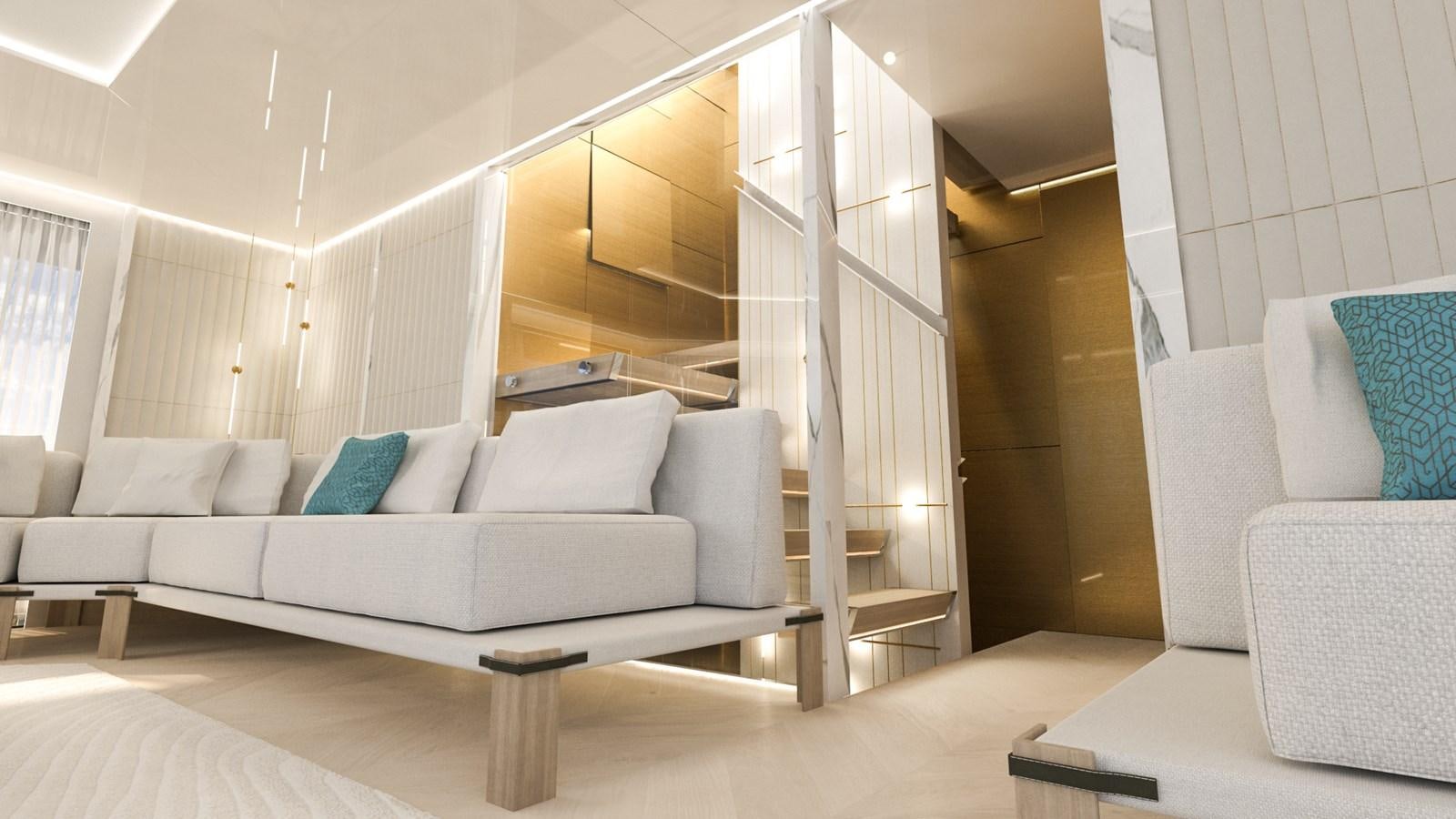 a living room with a white couch and a glass door aboard FL47 Yacht for Sale