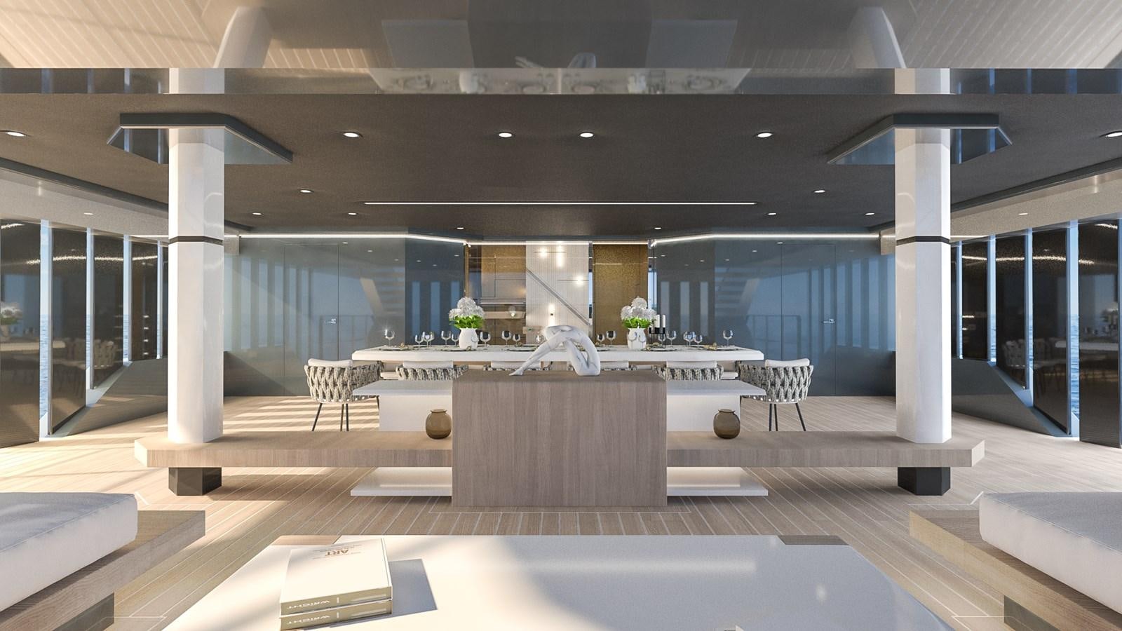 a large room with a table and chairs aboard FL47 Yacht for Sale