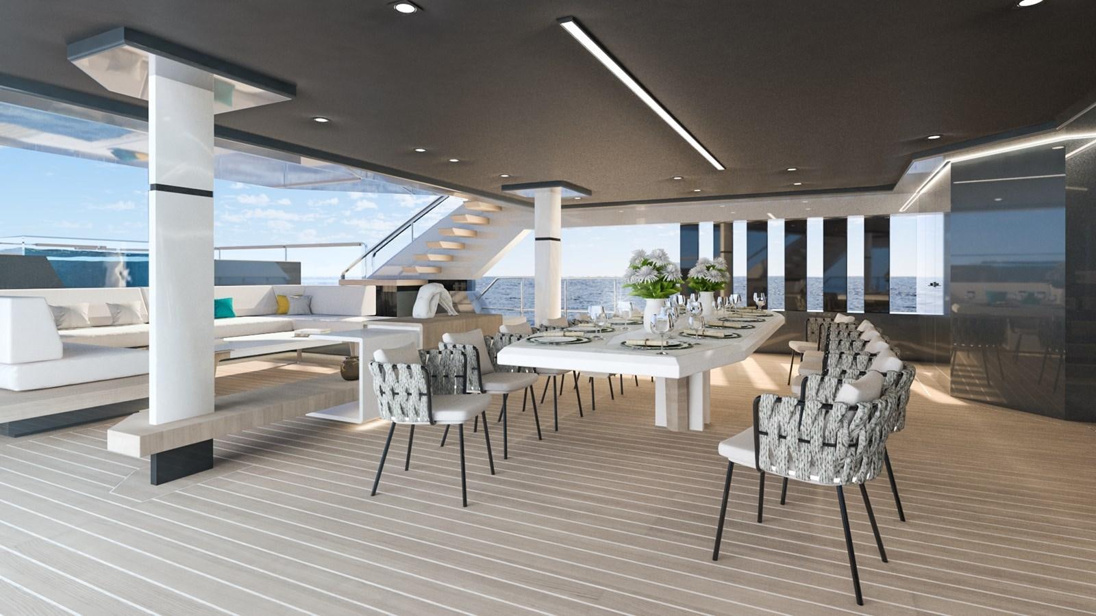 a room with chairs and tables aboard FL47 Yacht for Sale