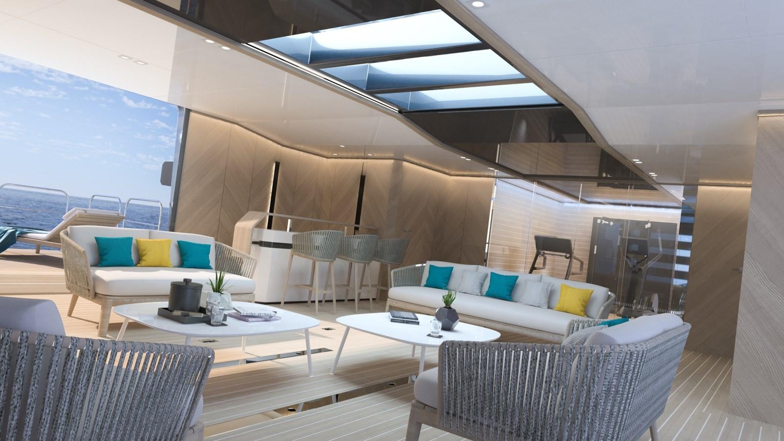 a room with a table and chairs aboard FL47 Yacht for Sale