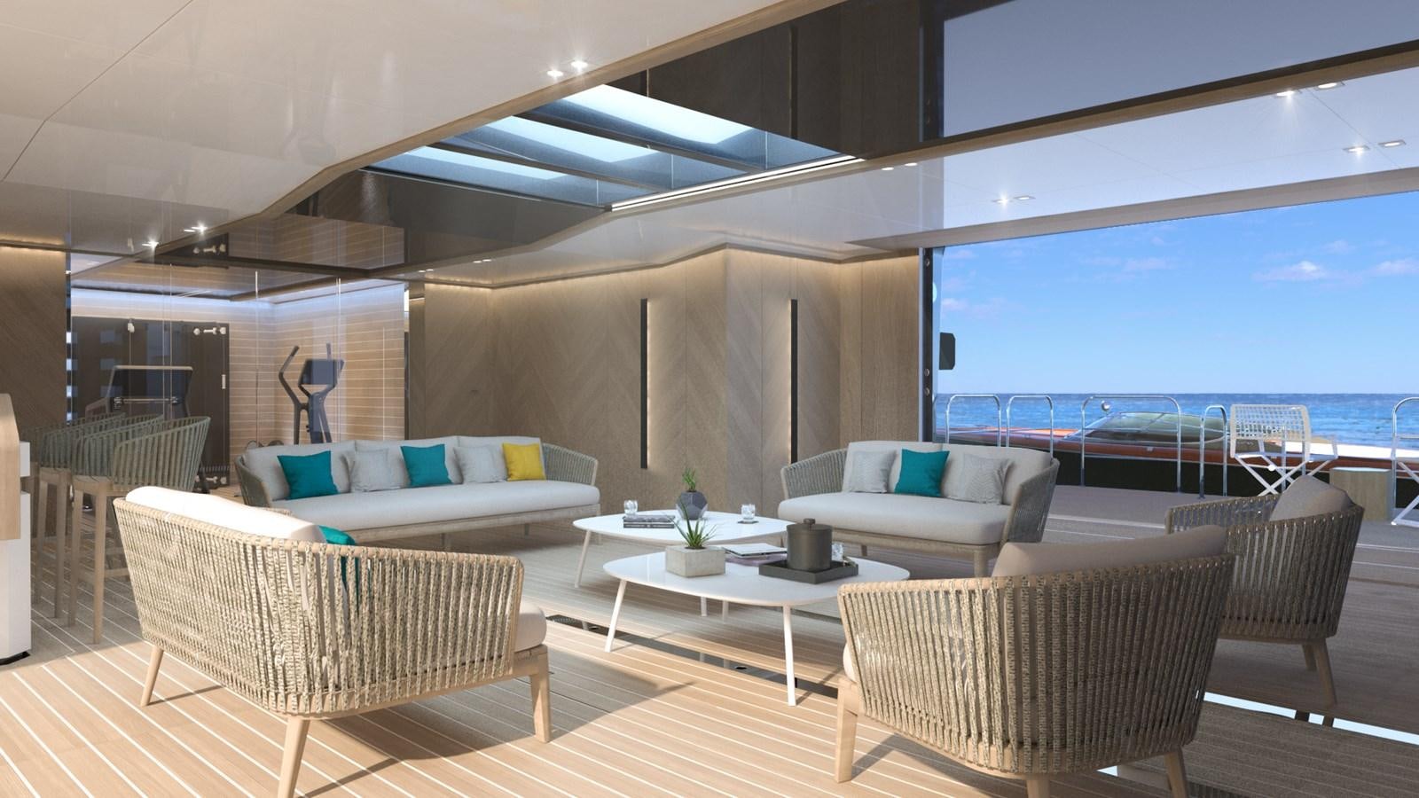 a room with a couch and a table and a large window aboard FL47 Yacht for Sale