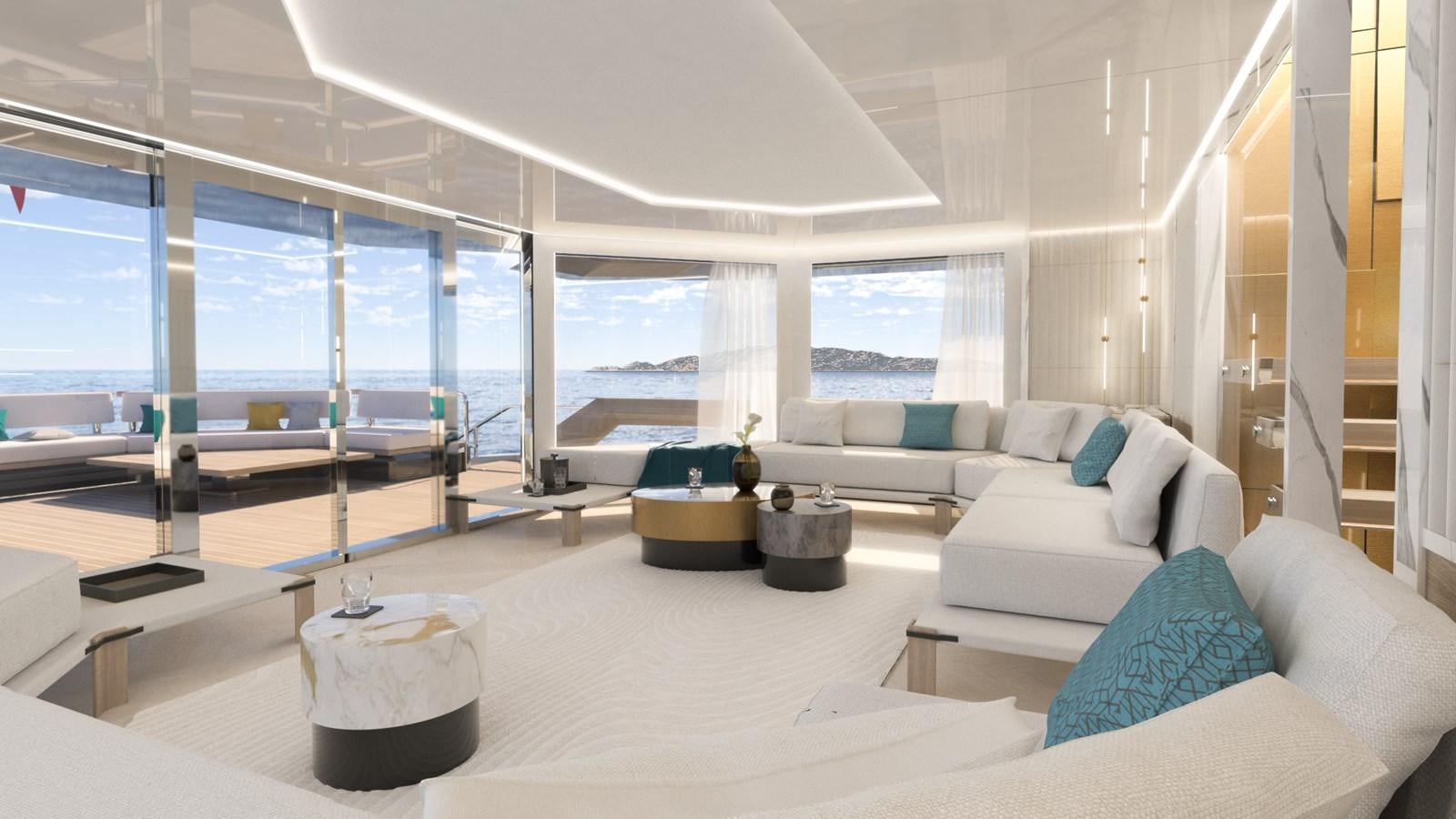 a large living room with a large window aboard FL47 Yacht for Sale