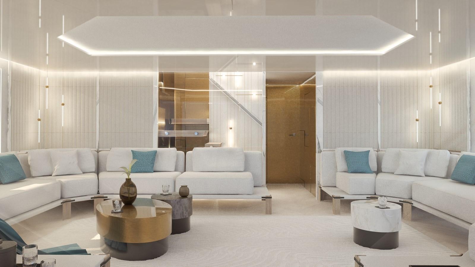 a living room with a white couch and a table aboard FL47 Yacht for Sale