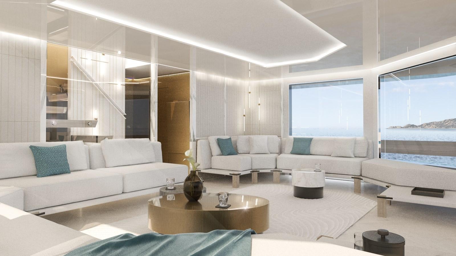 a living room with a large window aboard FL47 Yacht for Sale