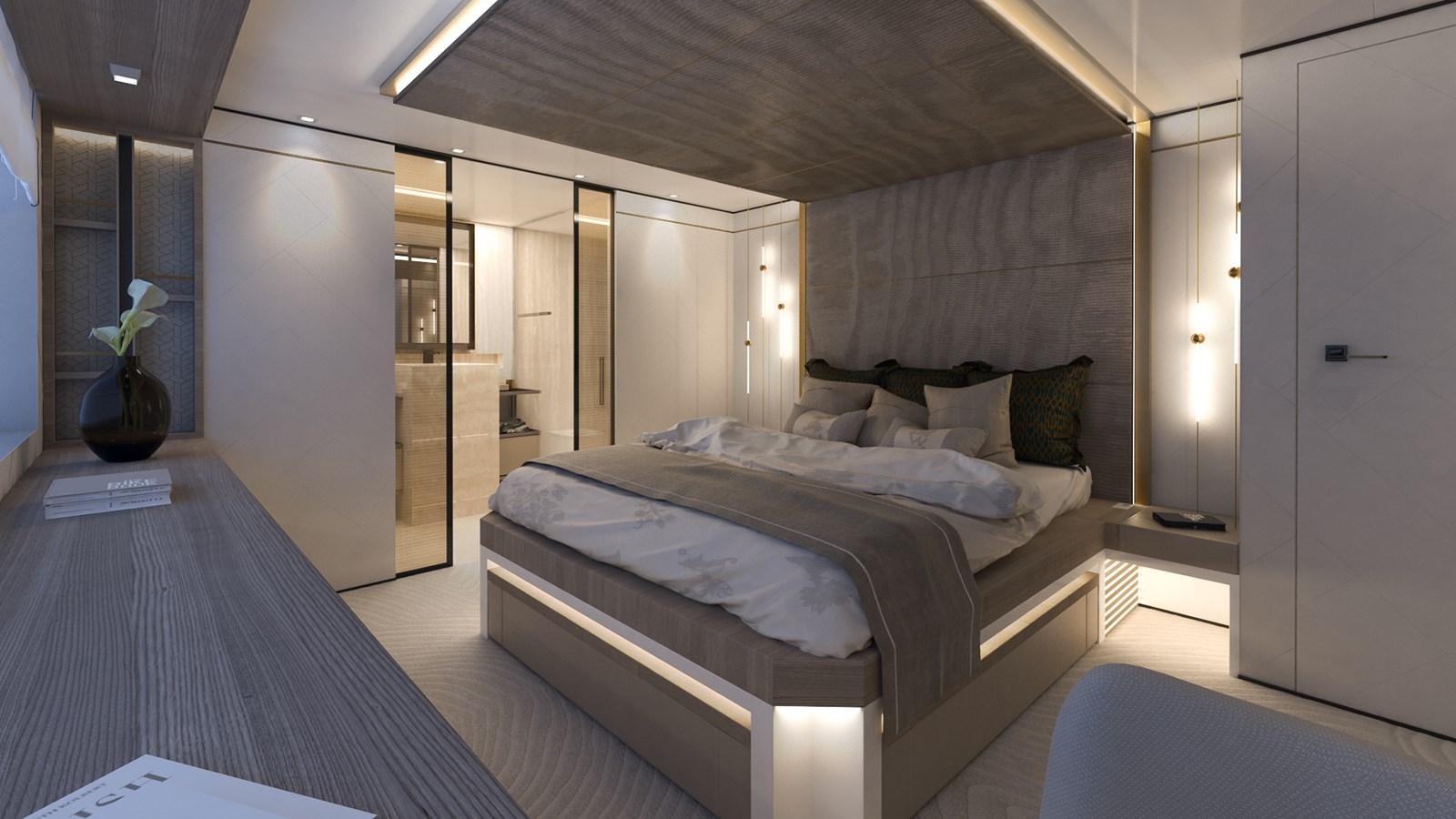a room with a bed and a desk aboard FL47 Yacht for Sale
