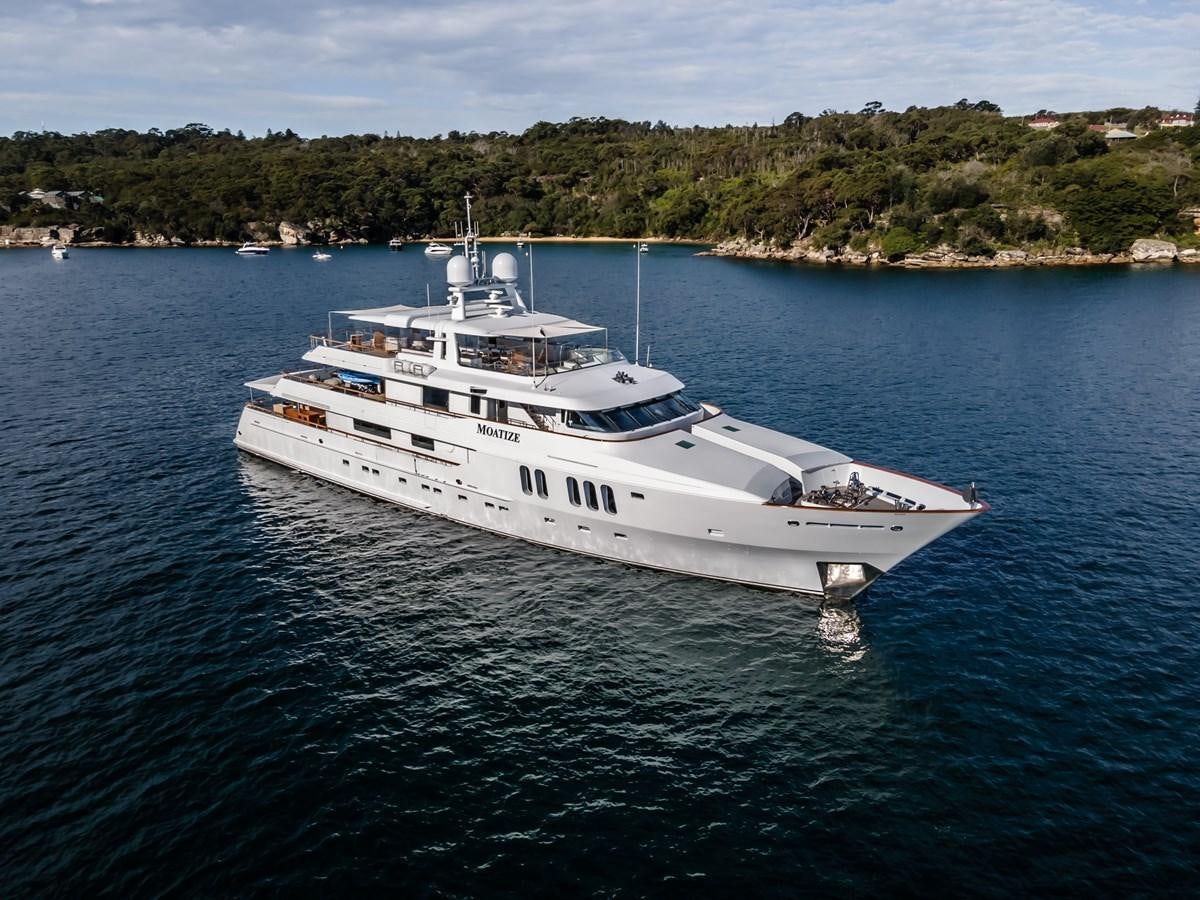 a large white boat on the water aboard MOATIZE Yacht for Sale