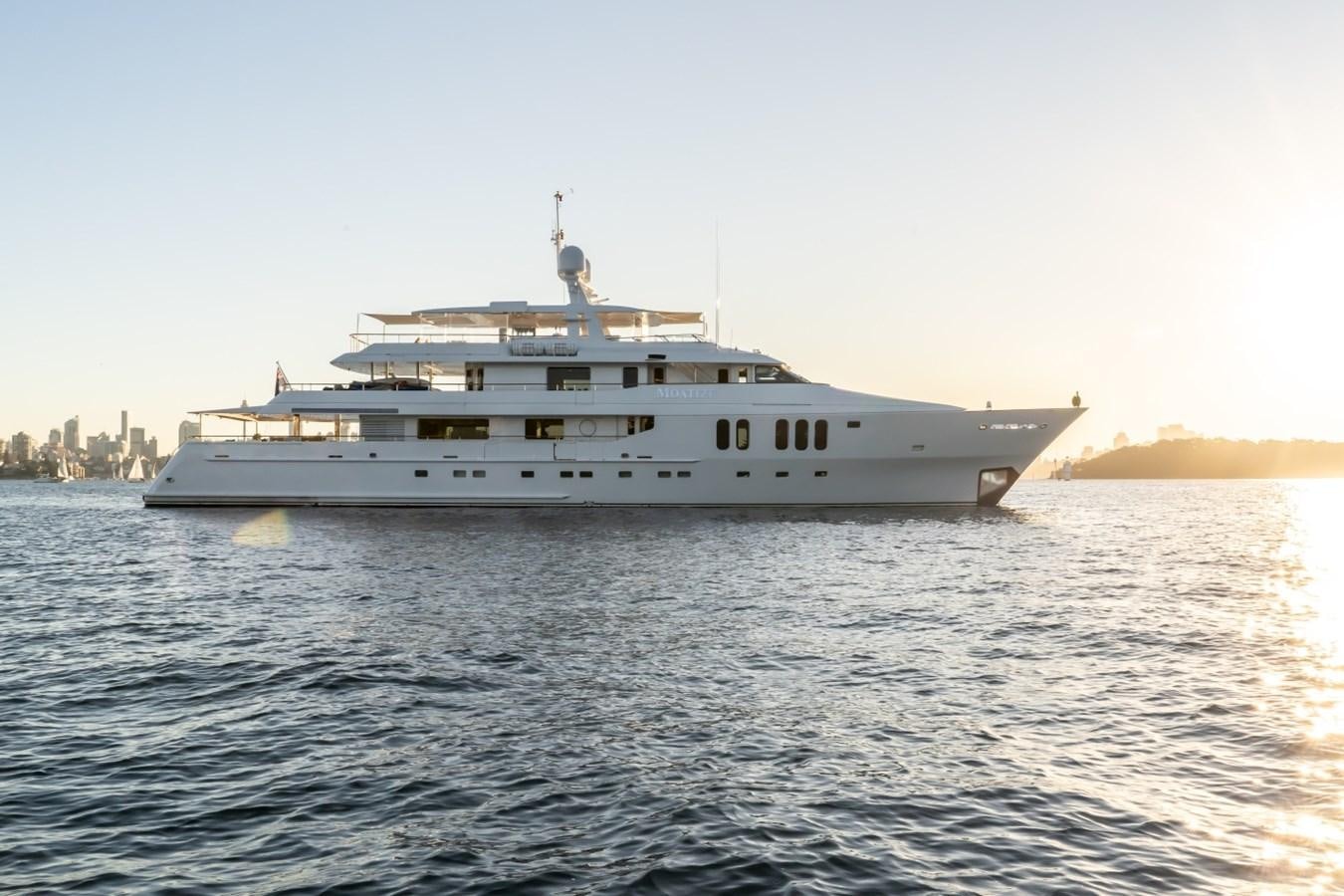 a large white boat on the water aboard MOATIZE Yacht for Sale