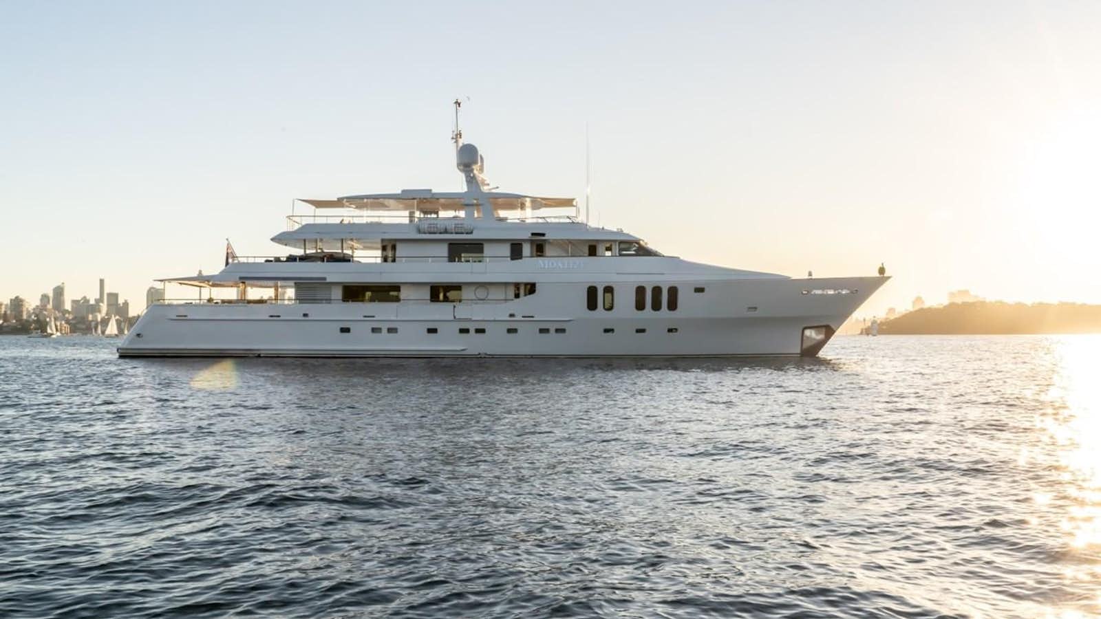 a large white boat on the water aboard MOATIZE Yacht for Sale