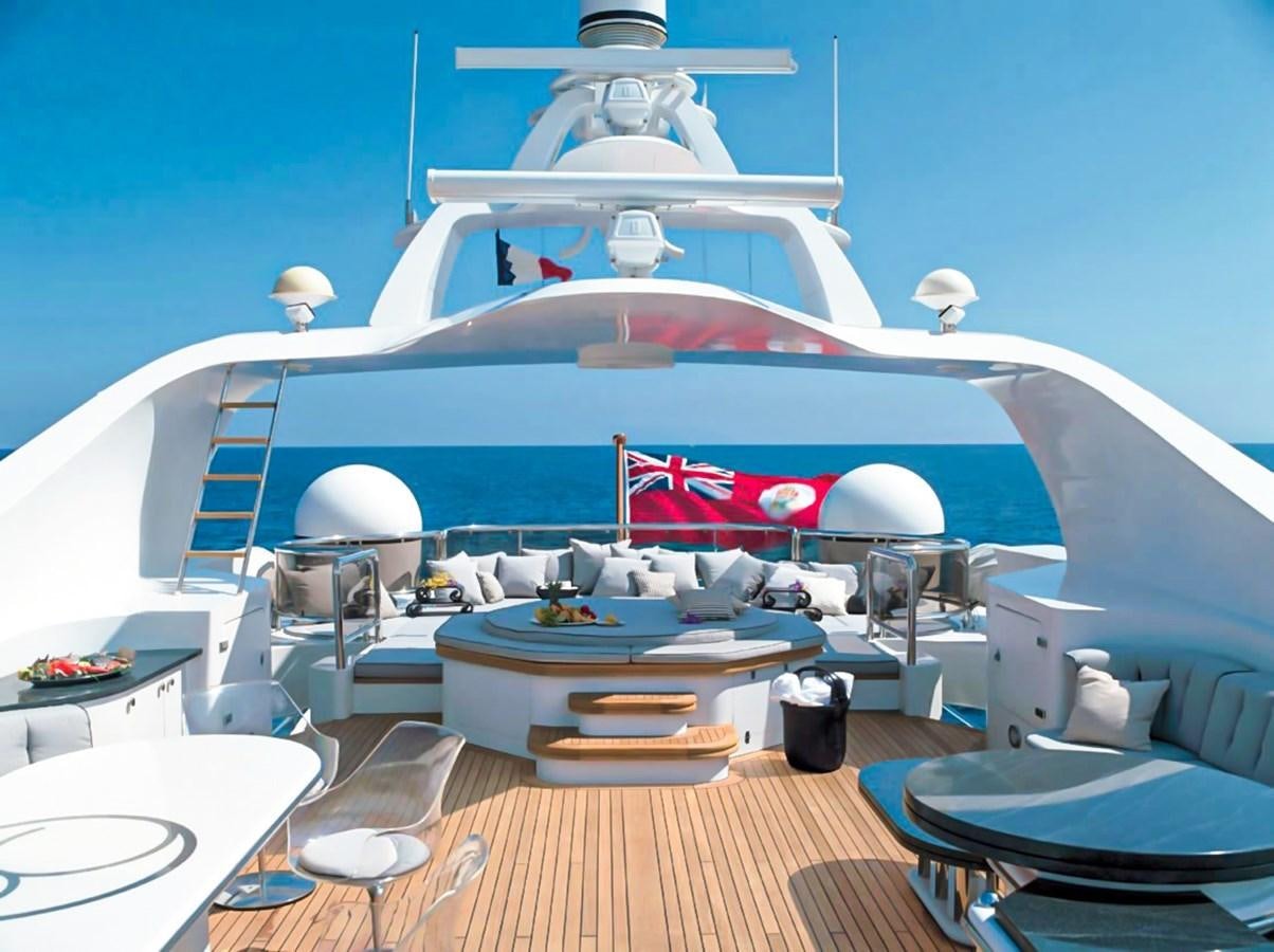 a large white boat with a red and blue stripe aboard IL SOLE Yacht for Charter