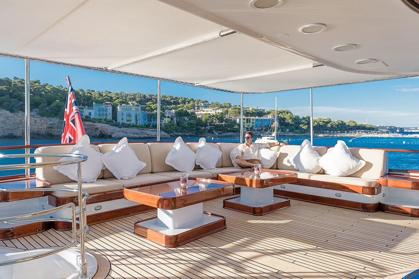 a room with a large window and a view of a city aboard CD TWO Yacht for Sale