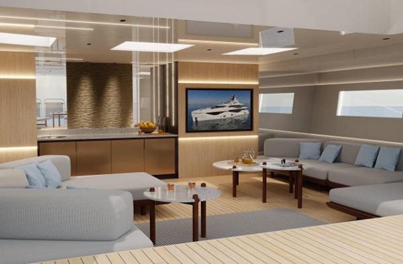 a living room with white couches and a tv aboard 42 METER OCEAN Yacht for Sale
