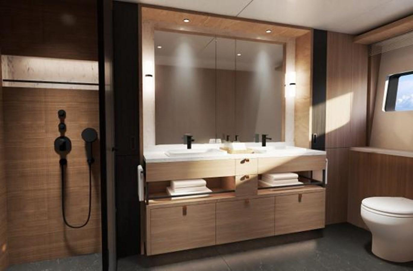 a bathroom with a large mirror aboard 42 METER OCEAN Yacht for Sale