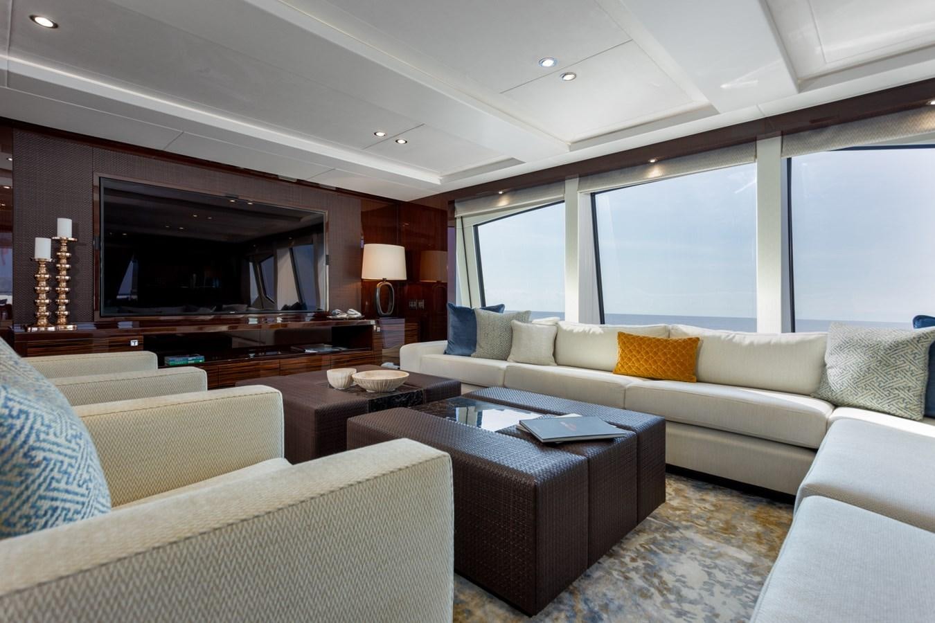 a living room with a large television aboard NO.9 Yacht for Charter