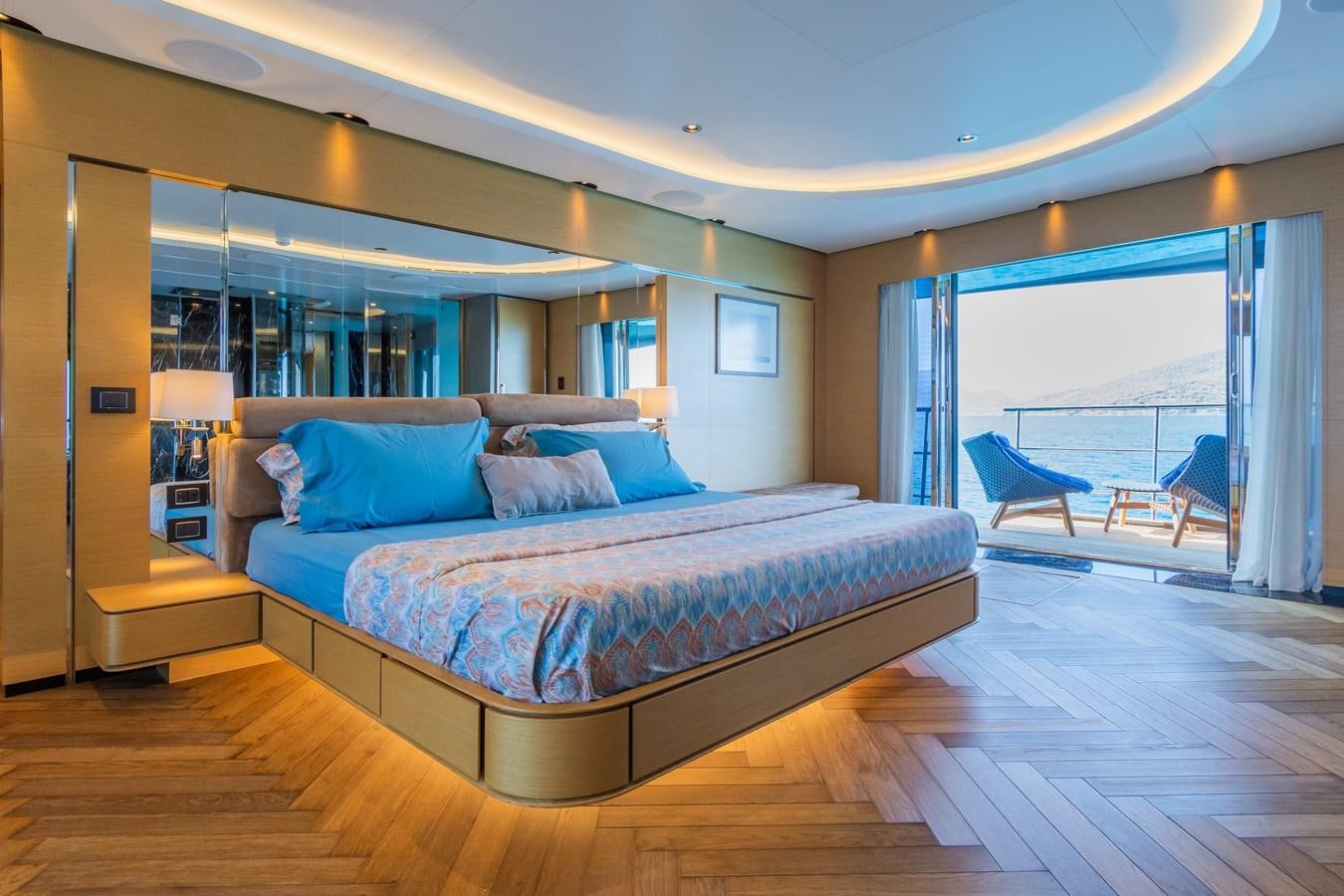 a bed in a room aboard LEONIDAS Yacht for Sale