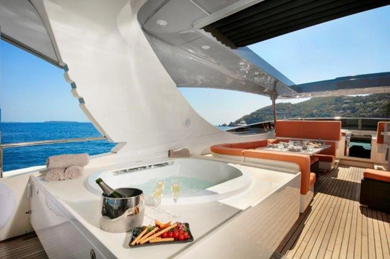 a large white tent with a table and a sink on it aboard Y42 Yacht for Sale
