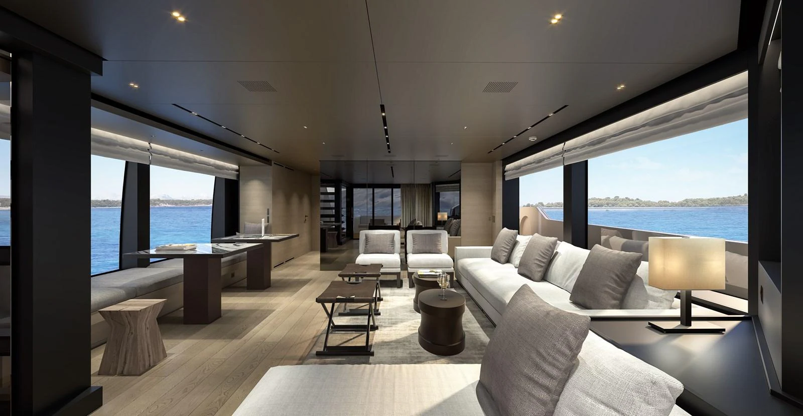 a living room with a large window aboard INVICTUS Yacht for Sale
