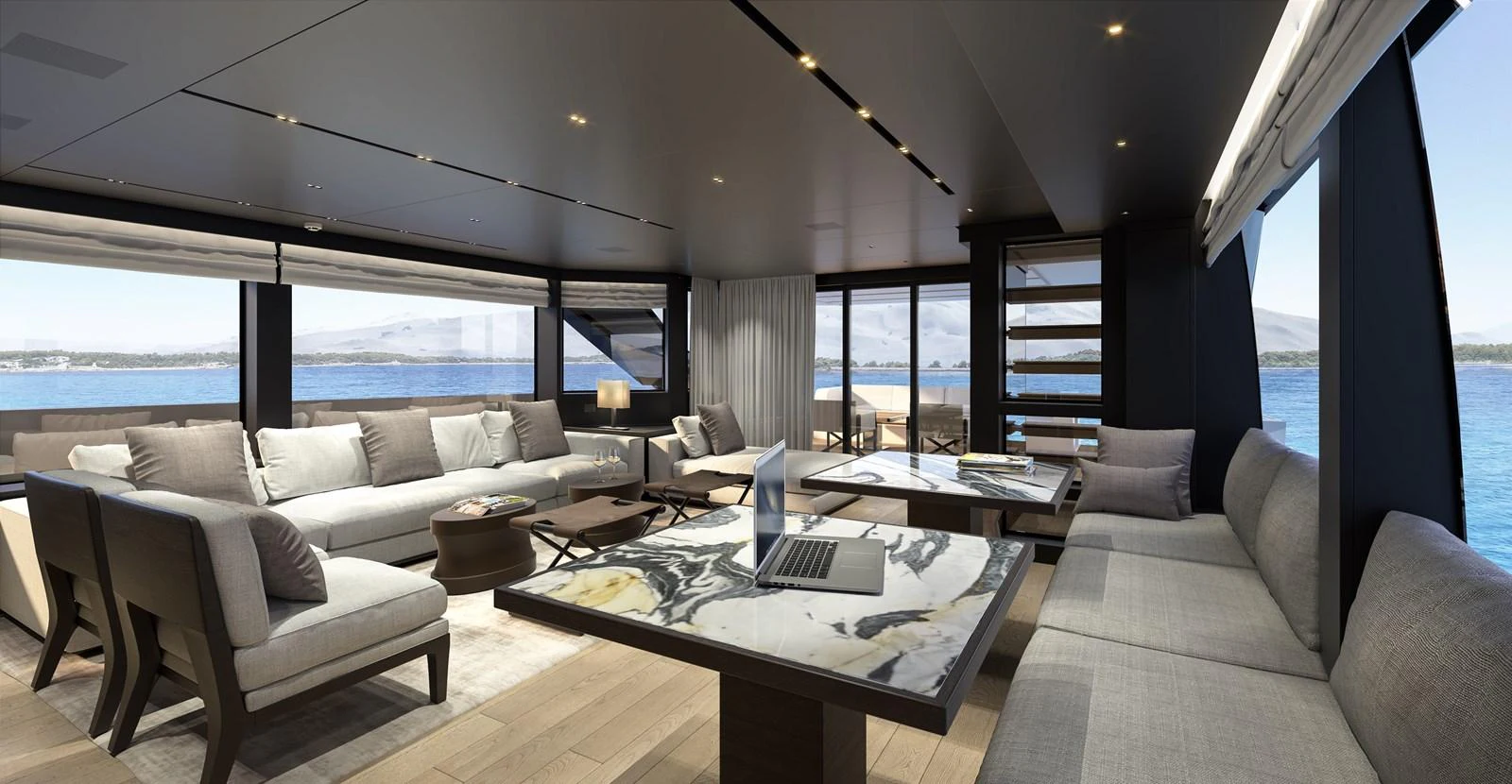 a living room with a large window aboard INVICTUS Yacht for Sale