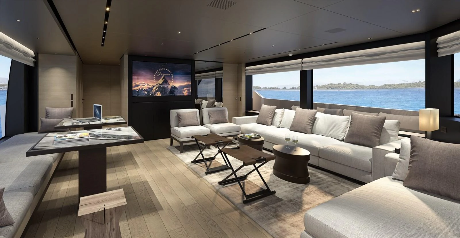 a living room with a large flat screen tv and a large window aboard INVICTUS Yacht for Sale