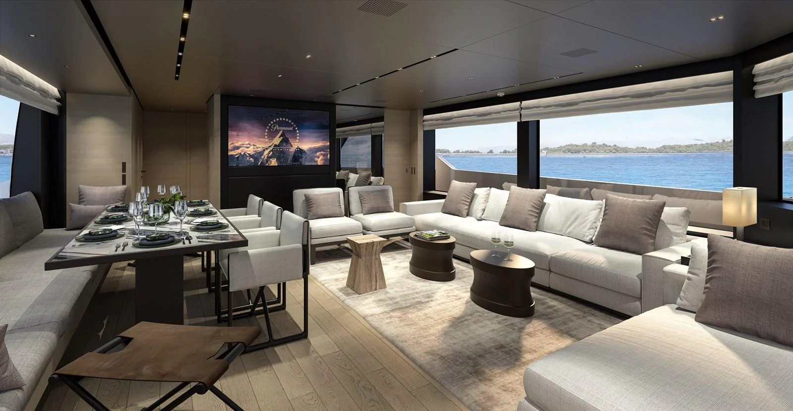 a living room with a large window aboard INVICTUS Yacht for Sale
