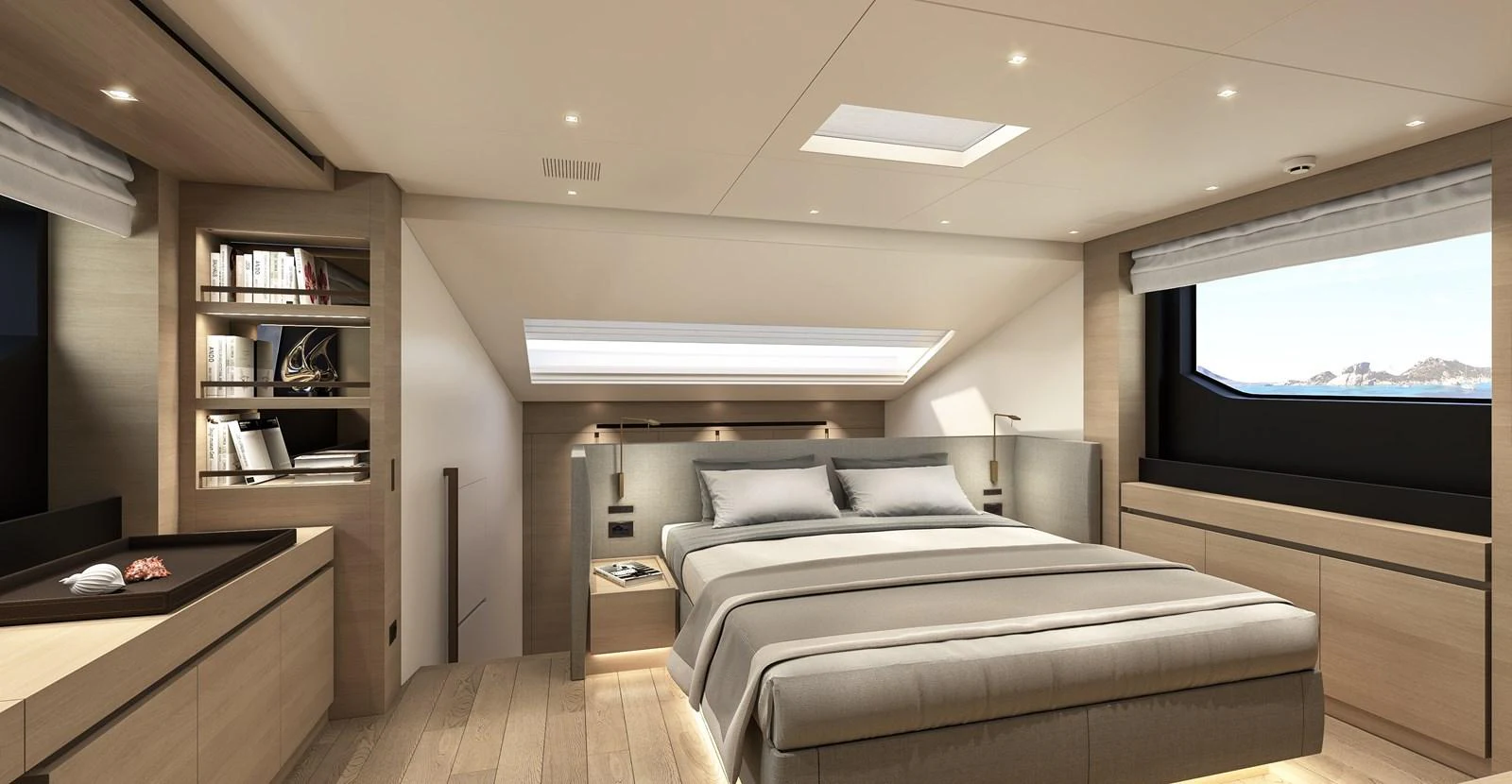 a bedroom with a bed and a tv aboard INVICTUS Yacht for Sale