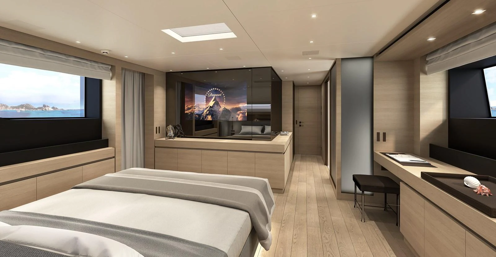 a bedroom with a large tv aboard INVICTUS Yacht for Sale