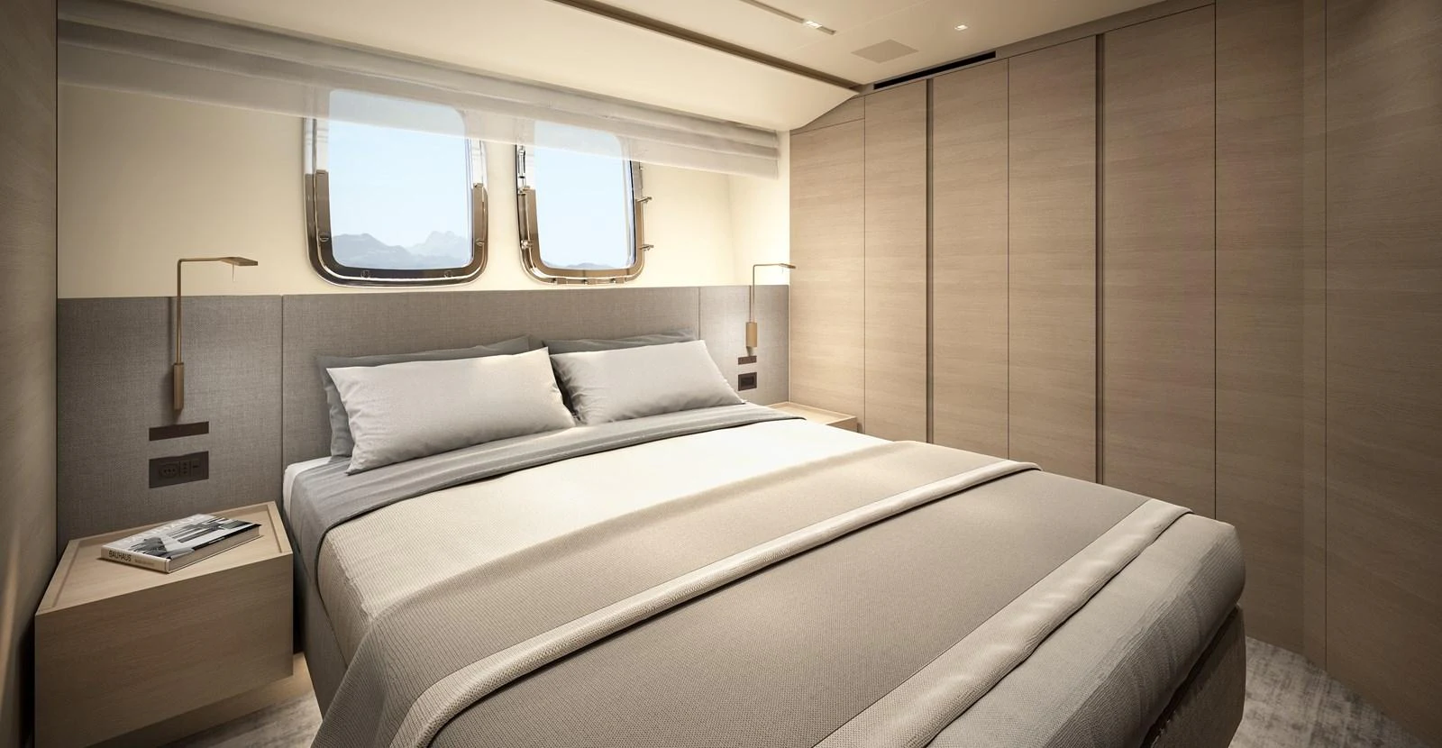 a room with a bed and a window aboard INVICTUS Yacht for Sale