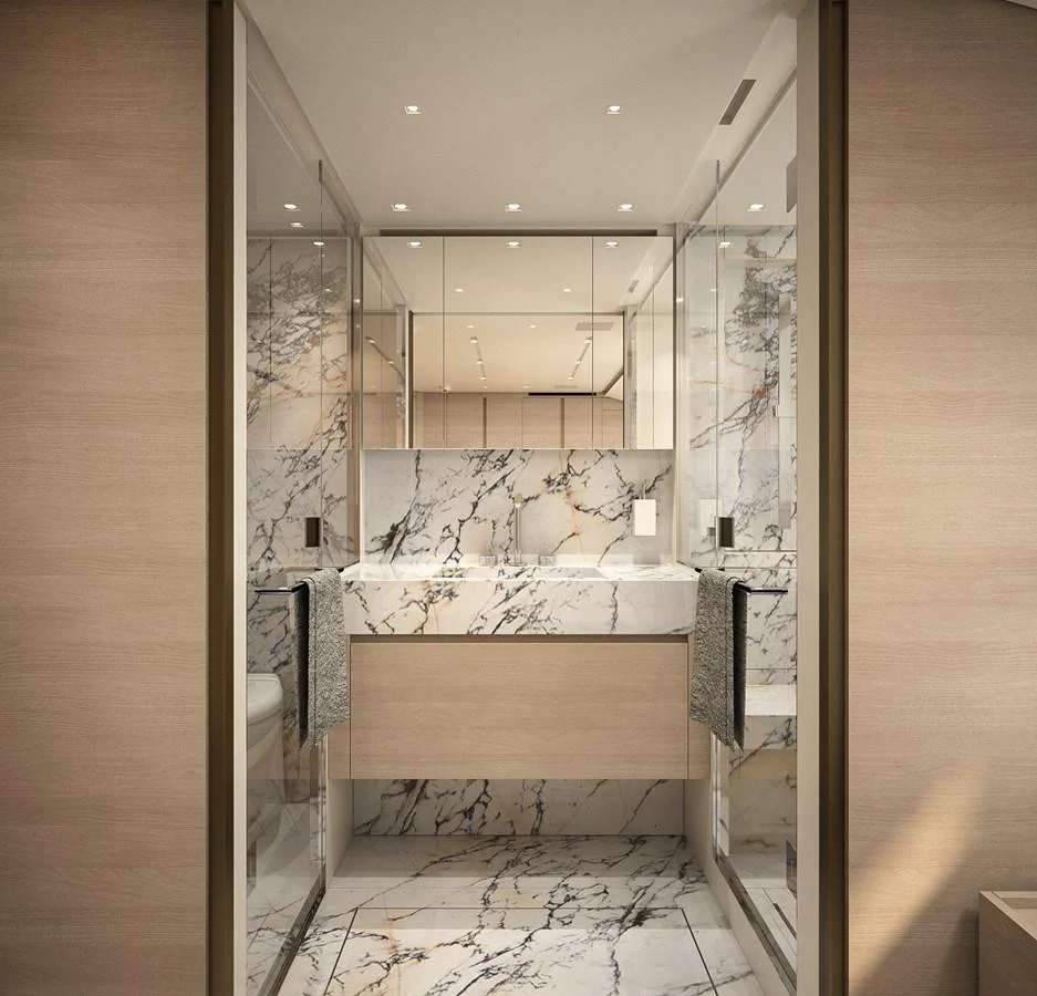 a bathroom with a large mirror aboard INVICTUS Yacht for Sale